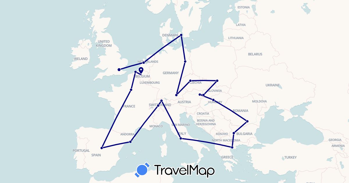 TravelMap itinerary: driving in Austria, Belgium, Bulgaria, Switzerland, Czech Republic, Germany, Denmark, Spain, France, United Kingdom, Greece, Hungary, Italy, Netherlands, Poland, Romania, Slovakia (Europe)