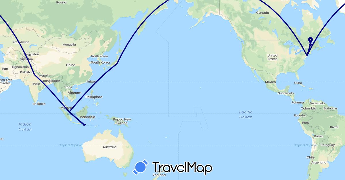 TravelMap itinerary: driving in Canada, Indonesia, India, Japan, Singapore, United States (Asia, North America)
